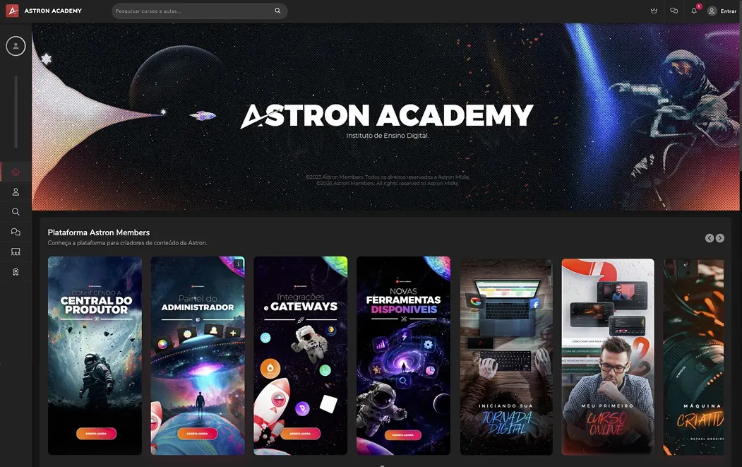Vitrine estilo Netflix da área de membros Astron, com carrossel de módulos em destaque